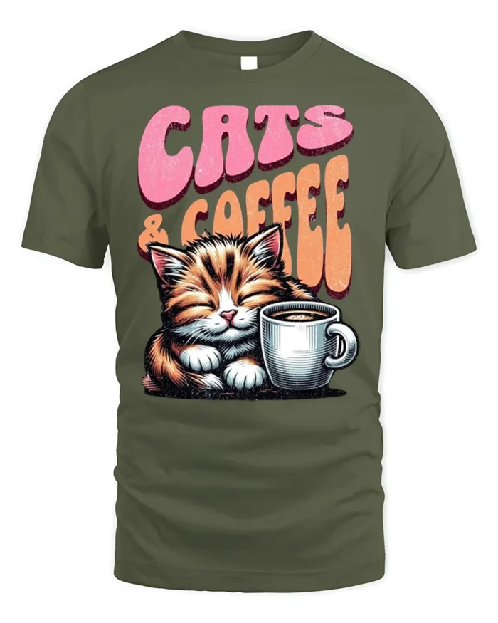 Cats and Coffee Retro Vintage Graphic T-Shirt - military green t-shirt on white background