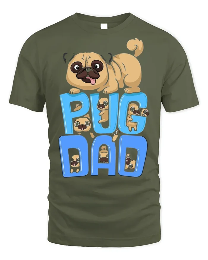 Pug Dad Funny Cartoon Dog Lover T-Shirt - military green t-shirt on white background
