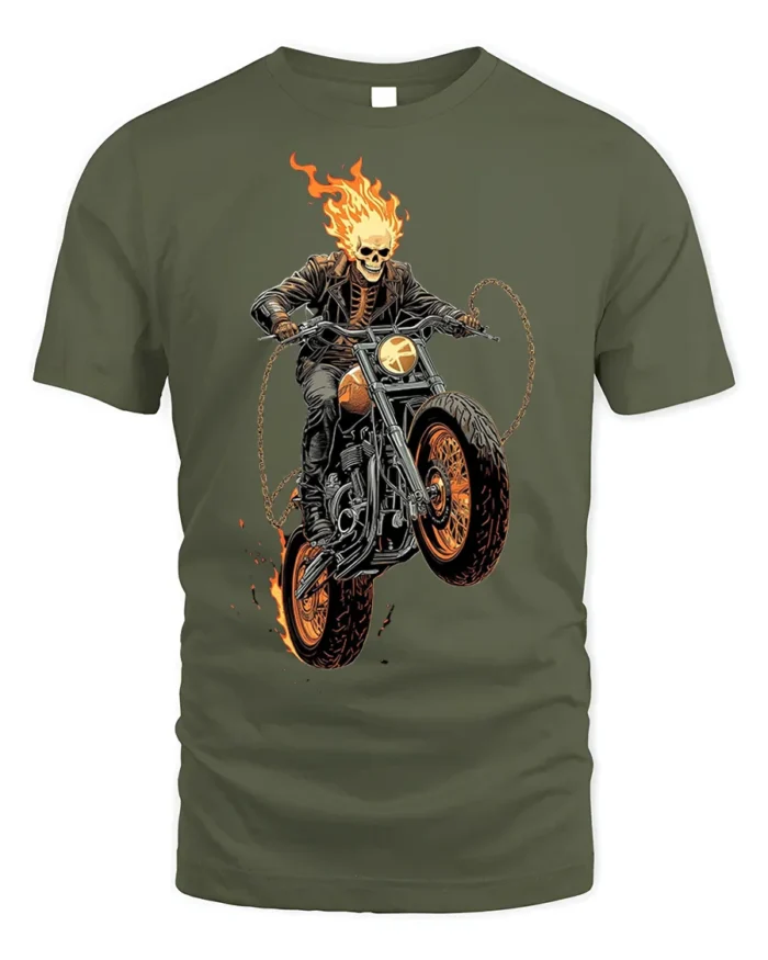 Flaming Skull Rider Motorcycle Graphic T-Shirt - military green t-shirt on white background