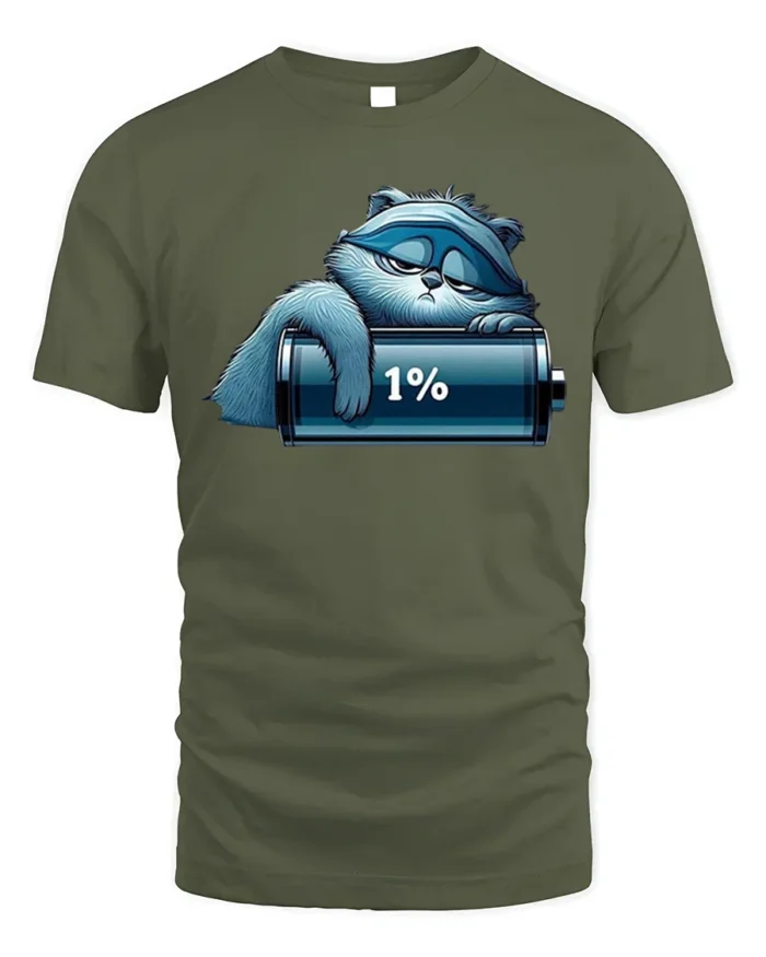 Lazy Cat Low Battery 1% Funny Graphic T-Shirt - military green t-shirt on white background
