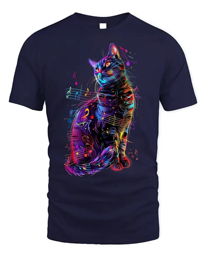 Colorful Music Cat Graphic Art Print T-Shirt - navy t-shirt on white background