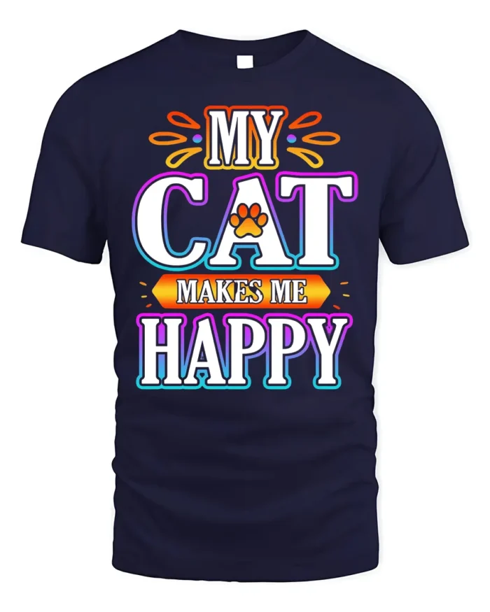 My Cat Makes Me Happy Colorful Graphic T-Shirt - navy t-shirt on white background