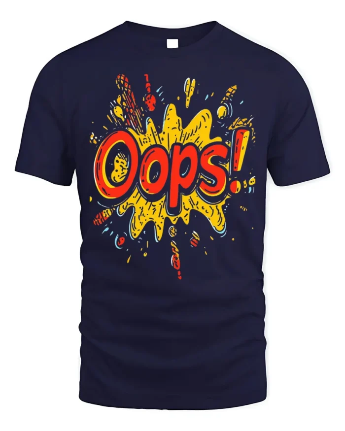 Oops Comic Splash Funny Graphic Style T-Shirt - navy t-shirt on white background