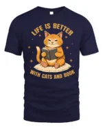 Life Is Better With Cats and Book Graphic T-Shirt - navy t-shirt on white background