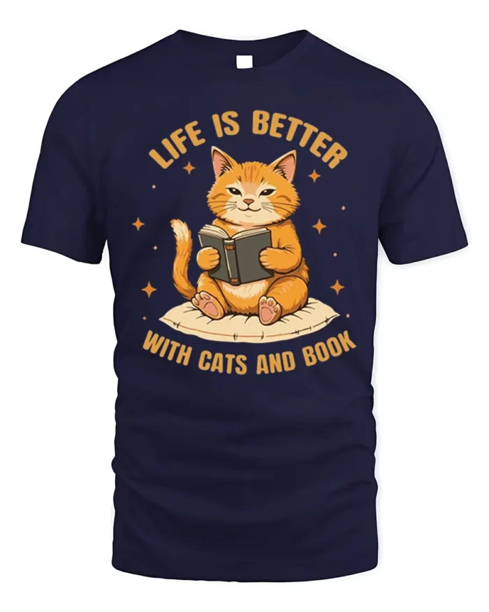 Life Is Better With Cats and Book Graphic T-Shirt - navy t-shirt on white background