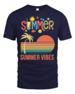 Summer Vibes Retro Sunset Palm Tree T-Shirt - navy t-shirt on white background