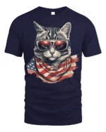 Patriotic Cat USA Flag Sunglasses Graphic T-Shirt - navy t-shirt on white background