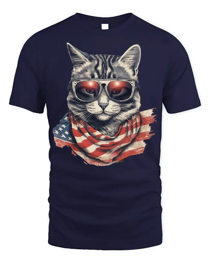 Patriotic Cat USA Flag Sunglasses Graphic T-Shirt - navy t-shirt on white background