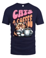 Cats and Coffee Retro Vintage Graphic T-Shirt - navy t-shirt on white background