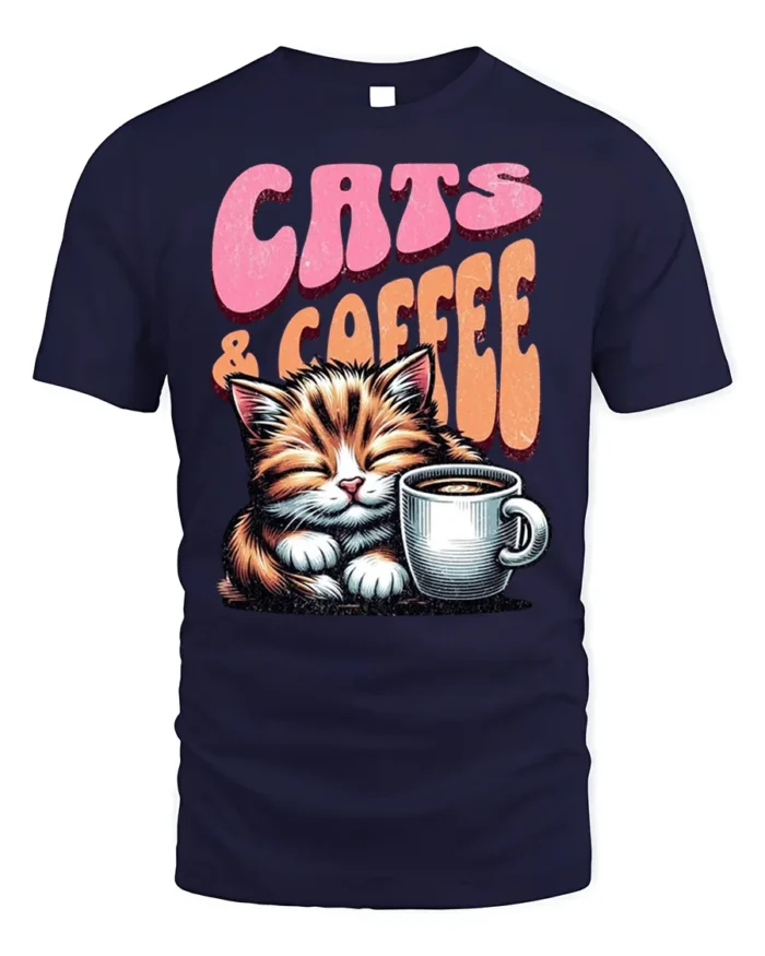 Cats and Coffee Retro Vintage Graphic T-Shirt - navy t-shirt on white background