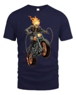 Flaming Skull Rider Motorcycle Graphic T-Shirt - navy t-shirt on white background