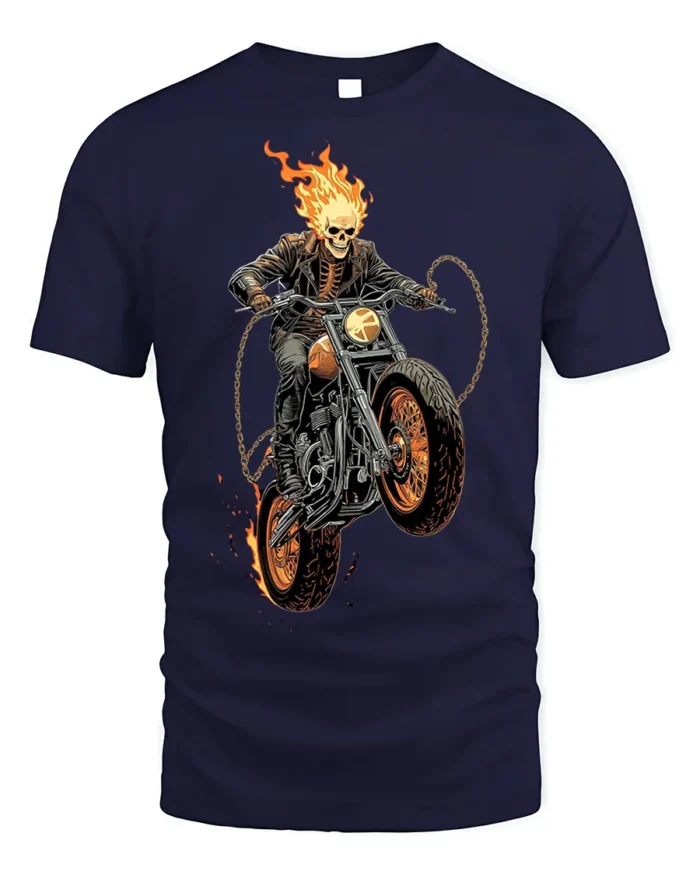 Flaming Skull Rider Motorcycle Graphic T-Shirt - navy t-shirt on white background