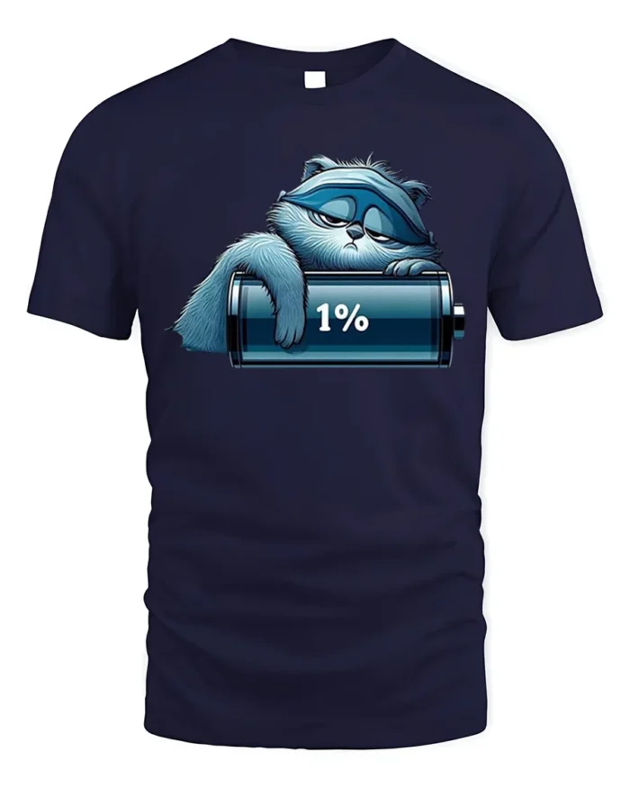 Lazy Cat Low Battery 1% Funny Graphic T-Shirt - navy t-shirt on white background