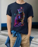 Colorful Music Cat Graphic Art Print T-Shirt - model wearing navy shirt, hands in pockets