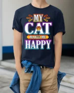 My Cat Makes Me Happy Colorful Graphic T-Shirt - model wearing navy shirt, hands in pockets