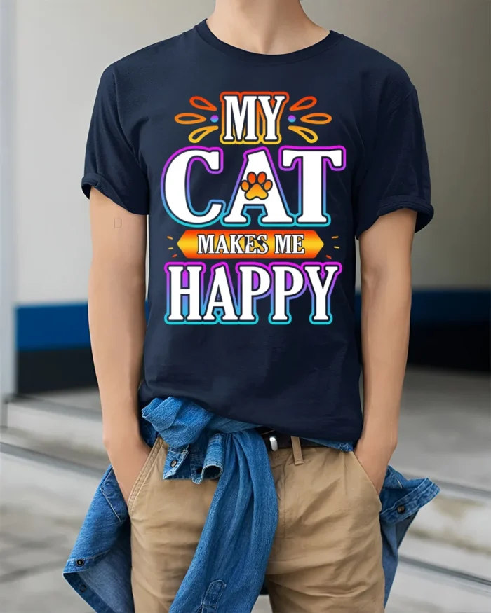 My Cat Makes Me Happy Colorful Graphic T-Shirt - model wearing navy shirt, hands in pockets
