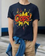 Oops Comic Splash Funny Graphic Style T-Shirt - model wearing navy shirt, hands in pockets