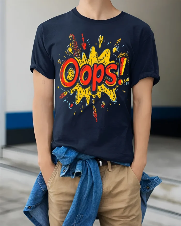 Oops Comic Splash Funny Graphic Style T-Shirt - model wearing navy shirt, hands in pockets