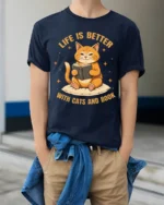Life Is Better With Cats and Book Graphic T-Shirt - model wearing navy shirt, hands in pockets