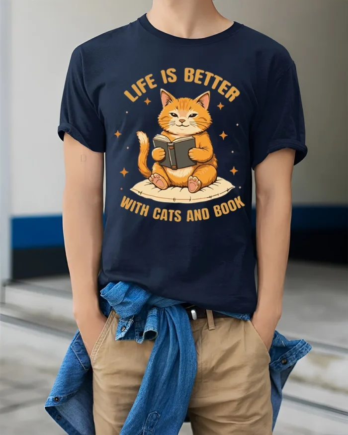 Life Is Better With Cats and Book Graphic T-Shirt - model wearing navy shirt, hands in pockets