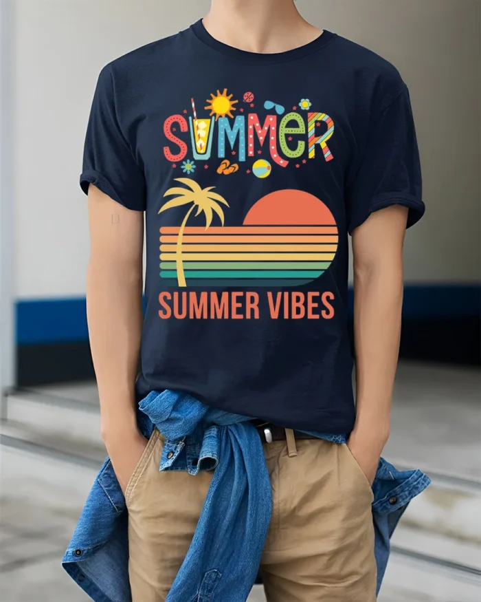 Summer Vibes Retro Sunset Palm Tree T-Shirt - model wearing navy shirt, hands in pockets