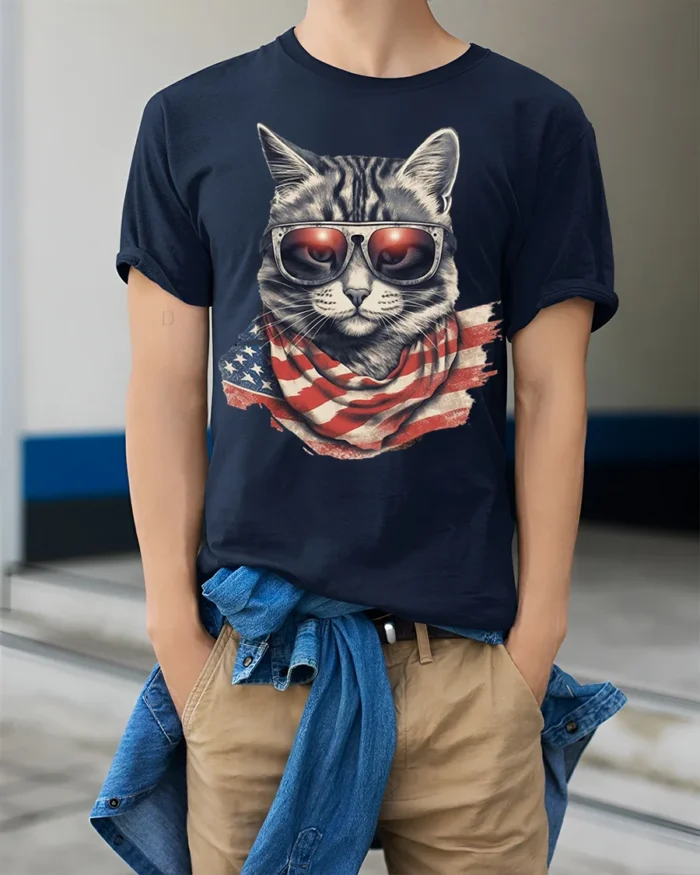 Patriotic Cat USA Flag Sunglasses Graphic T-Shirt - model wearing navy shirt, hands in pockets
