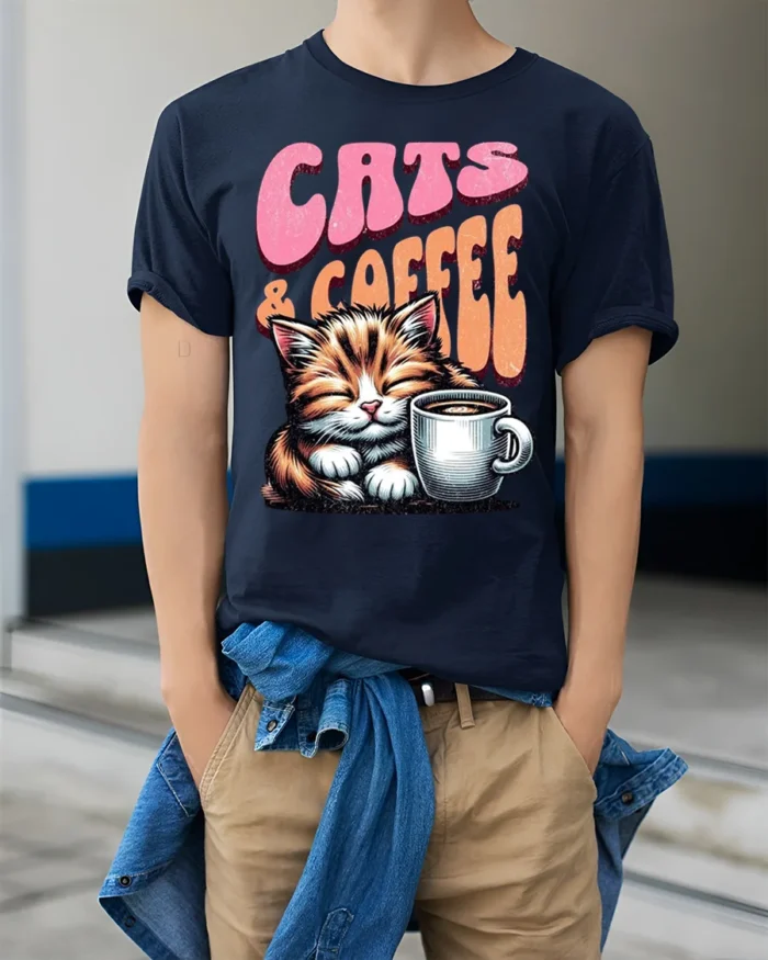 Cats and Coffee Retro Vintage Graphic T-Shirt - model wearing navy shirt, hands in pockets