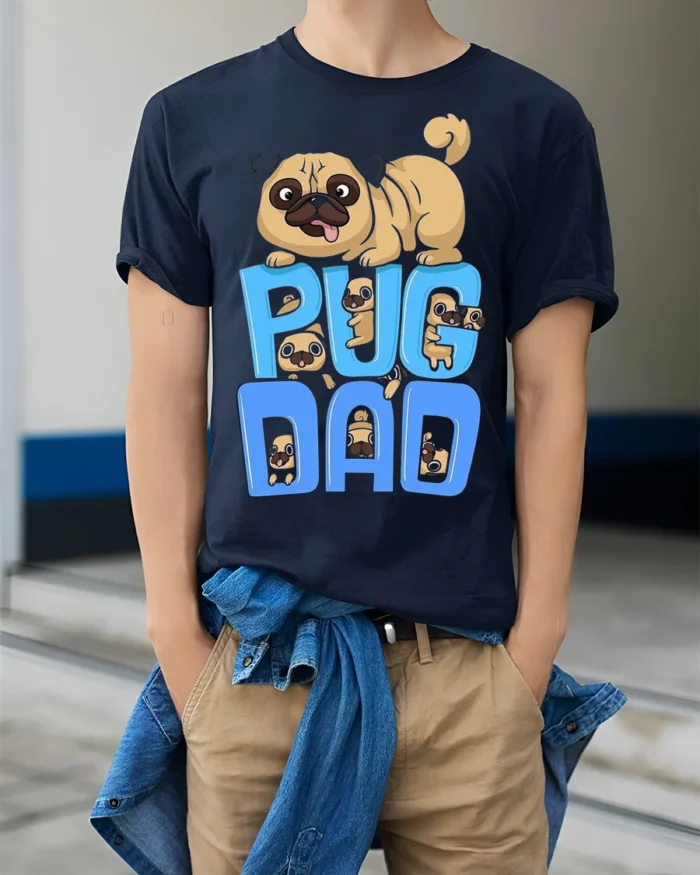 Pug Dad Funny Cartoon Dog Lover T-Shirt - model wearing navy shirt, hands in pockets
