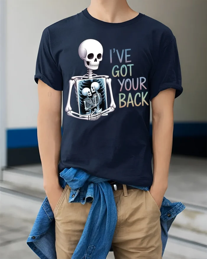 Funny Skeleton I’ve Got Your Back T-Shirt - model wearing navy shirt, hands in pockets