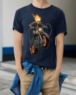 Flaming Skull Rider Motorcycle Graphic T-Shirt - model wearing navy shirt, hands in pockets