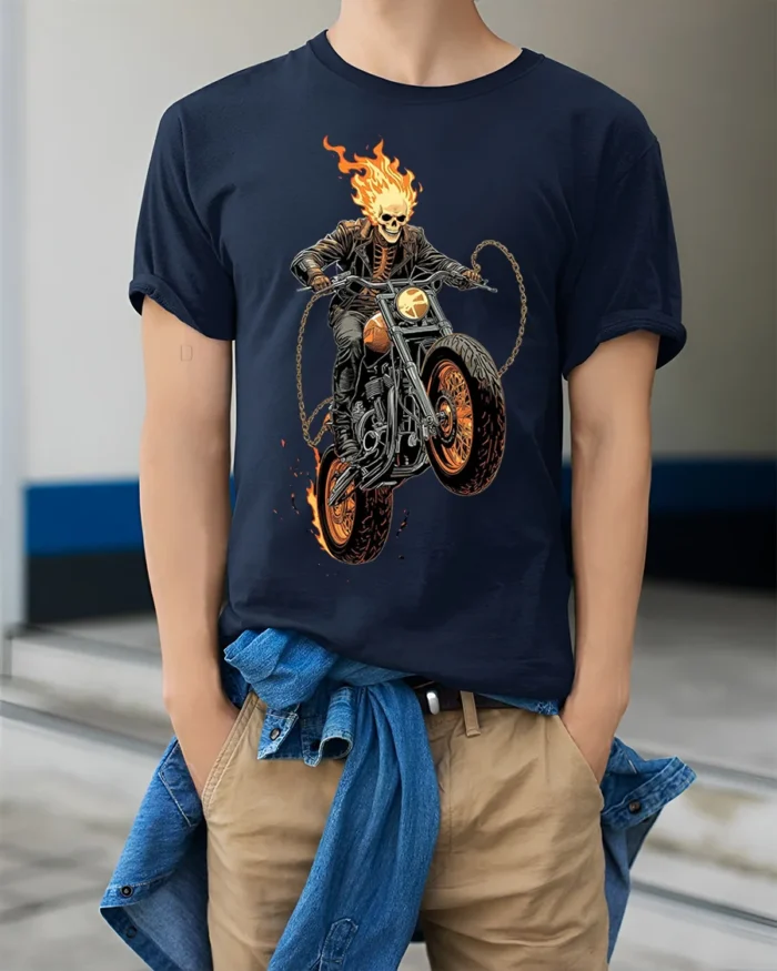 Flaming Skull Rider Motorcycle Graphic T-Shirt - model wearing navy shirt, hands in pockets