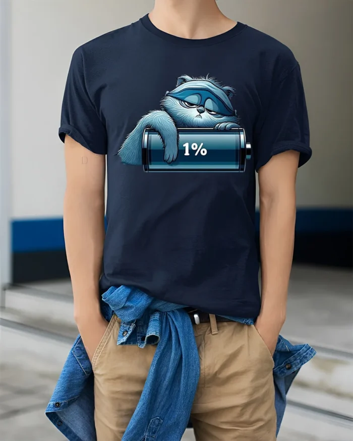Lazy Cat Low Battery 1% Funny Graphic T-Shirt - model wearing navy shirt, hands in pockets