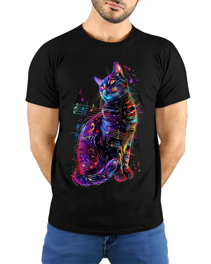 Colorful Music Cat Graphic Art Print T-Shirt - model wearing black shirt, hands behind back