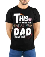 This Is What an Amazing Dad Looks Like T-Shirt - model wearing black shirt, hands behind back