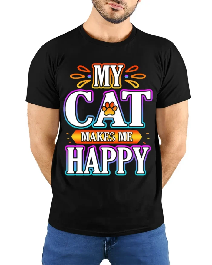 My Cat Makes Me Happy Colorful Graphic T-Shirt - model wearing black shirt, hands behind back