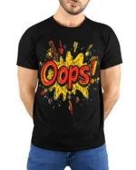 Oops Comic Splash Funny Graphic Style T-Shirt - model wearing black shirt, hands behind back