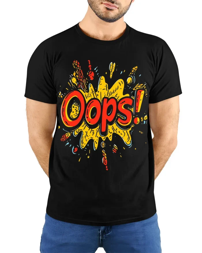 Oops Comic Splash Funny Graphic Style T-Shirt - model wearing black shirt, hands behind back