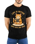 Life Is Better With Cats and Book Graphic T-Shirt - model wearing black shirt, hands behind back
