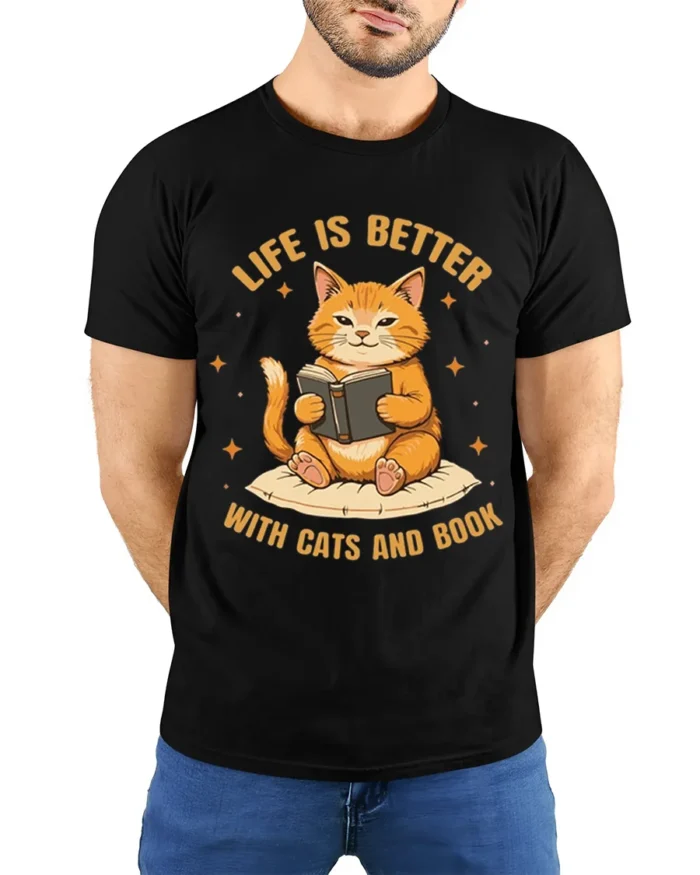 Life Is Better With Cats and Book Graphic T-Shirt - model wearing black shirt, hands behind back