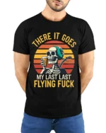 Skeleton Retro Sunset Funny Drinking Graphic T-Shirt - model wearing black shirt, hands behind back