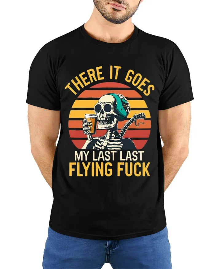 Skeleton Retro Sunset Funny Drinking Graphic T-Shirt - model wearing black shirt, hands behind back