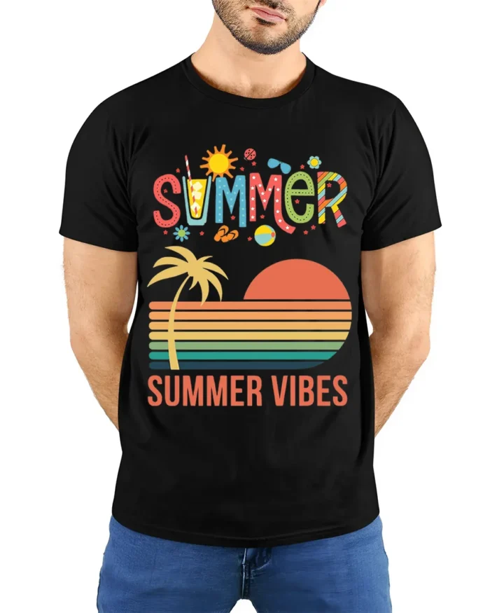 Summer Vibes Retro Sunset Palm Tree T-Shirt - model wearing black shirt, hands behind back