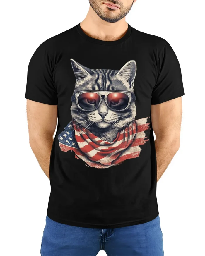 Patriotic Cat USA Flag Sunglasses Graphic T-Shirt - model wearing black shirt, hands behind back