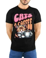 Cats and Coffee Retro Vintage Graphic T-Shirt - model wearing black shirt, hands behind back