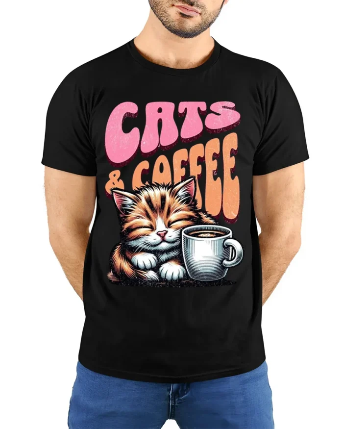 Cats and Coffee Retro Vintage Graphic T-Shirt - model wearing black shirt, hands behind back