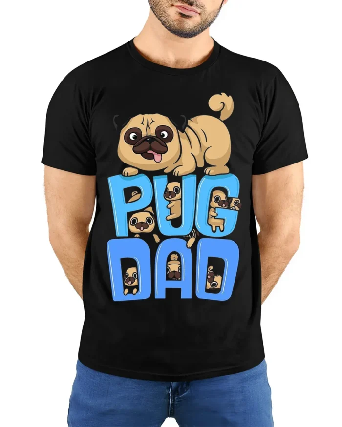 Pug Dad Funny Cartoon Dog Lover T-Shirt - model wearing black shirt, hands behind back