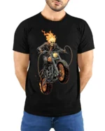 Flaming Skull Rider Motorcycle Graphic T-Shirt - model wearing black shirt, hands behind back