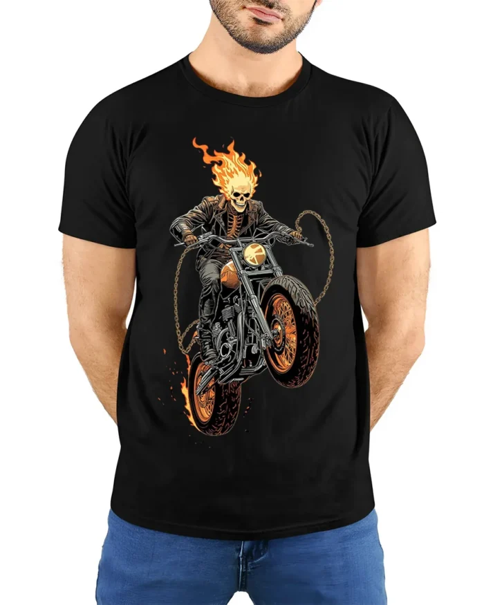 Flaming Skull Rider Motorcycle Graphic T-Shirt - model wearing black shirt, hands behind back