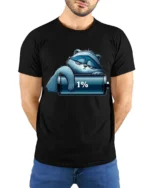Lazy Cat Low Battery 1% Funny Graphic T-Shirt - model wearing black shirt, hands behind back