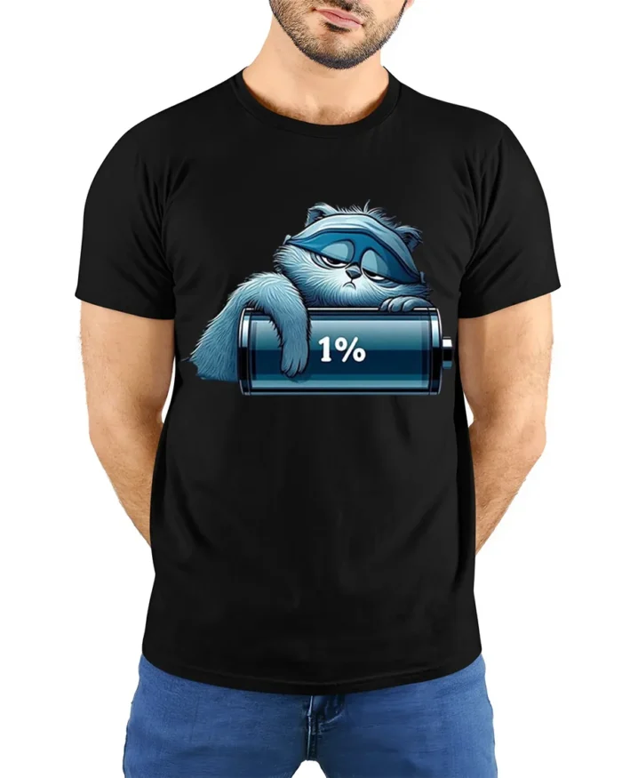 Lazy Cat Low Battery 1% Funny Graphic T-Shirt - model wearing black shirt, hands behind back
